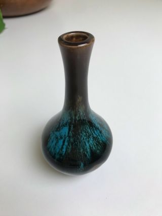 Small Vintage Ceramic Bud Vase Black Brown And Blue Drip