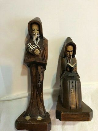 Vintage Hand Carved Wooden Monks Folk Art Figure Bible Priests Christmas Holiday