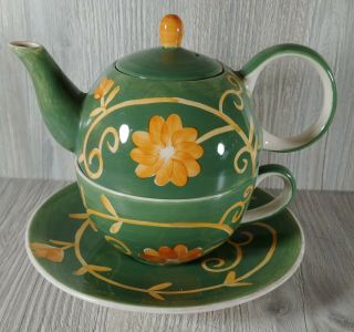 Vintage Teapot And Saucer Flower Set Herman Dodge & Son Hand Painted Valencia Ca