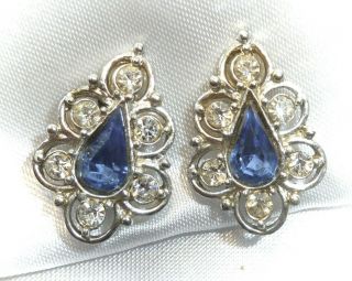 Vintage - Sapphire - Blue & Clear Rhinestone Silver Filigree Clip - On Earrings
