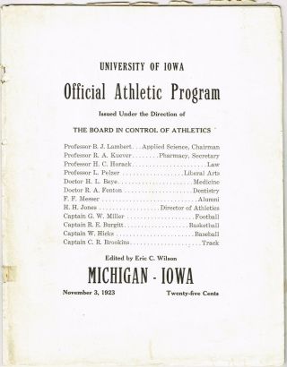 Rare 1923 Iowa Hawkeyes vs Michigan Wolverines Football Program - MISSING COVER 2