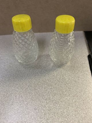 Vintage 1950s Miniature Cut Glass Salt & Pepper Shaker Set Yellow Screw On Caps