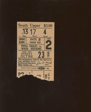 October 23 1949 Nfl Ticket Stub Washington Redskins At Philadelphia Eagles