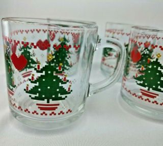 Anchor Hocking Christmas Tree & Hearts Glass Mug 1984 Chd Vintage Set Of 4