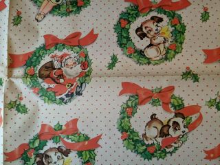 Vintage Christmas Gift Wrap Puppy Santa Little Girl And Boy