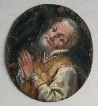 Antique 17th C.  Miniature Oil On Copper Portrait Of A Praying Man