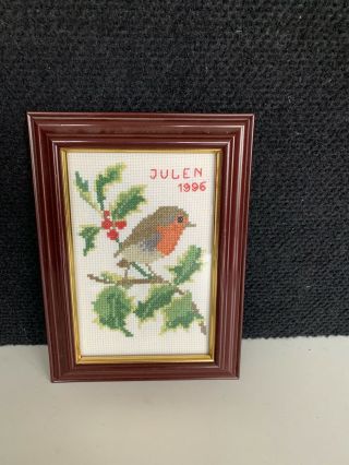 Framed Completed Finished Cross Stitch - Vintage Christmas Julen 1996 Bird