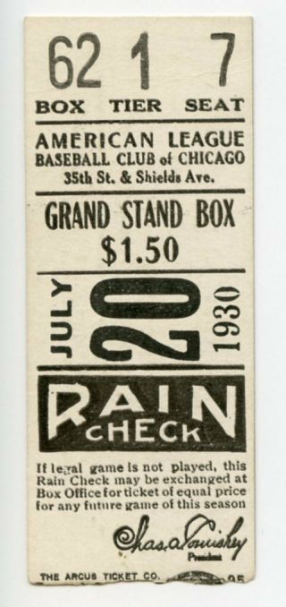 July 20,  1930,  Chicago White Sox Vs.  Detroit Tigers,  Doubleheader Ticket