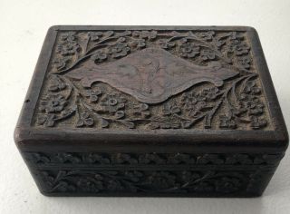 Vintage Carved Wood Box Jewelry Trinket Lidded Dark Wood