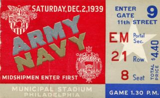 1939 Army Vs Navy Ticket Stub Football Classic Philadelphia Municipal Stadium