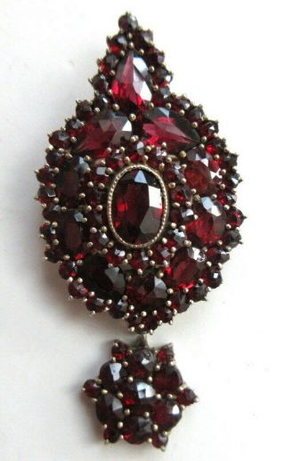 Antique Victorian Bohemian Garnet Gold Filled Brooch Pin With Dangle