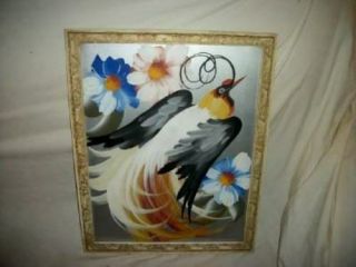 Vintage Exotic Bird Of Paradise Painting On Silver 1940 