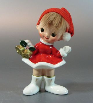 Vintage Japan Ceramic Christmas Girl Holding Bells 1960 