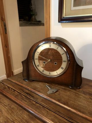 Vintage Mantle Clock,  Smiths 8 Day Chiming Oak Cased Clock C: - 1940s Gwo.