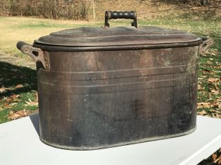 Antique Copper Boiler Wash Tub W/ Lid & Wooden Handles Old Vintage Retro Farm