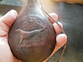 ANTIQUE LEATHER POWDER SHOT FLASK W/ EMBOSSED HUNTING DOG.  AMERICAN FLASK CO. 2