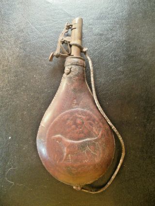 ANTIQUE LEATHER POWDER SHOT FLASK W/ EMBOSSED HUNTING DOG.  AMERICAN FLASK CO. 3