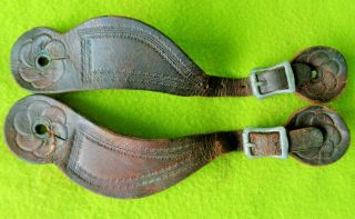 Terrific Antique Flower Tooled Leather Cowboy Western Buckaroo Spur Straps Nr