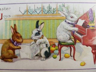 Vintage Postcard Easter Bunny Anthropomorphic Dressed Rabbits Play Piano Music