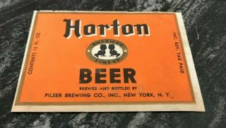Vintage Irtp Horton Beer 12oz Bottle Label Pilser Brewing Co York Ny