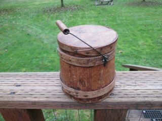 Vintage Primitive Wood Firkin Sugar Bucket With Lid And Metal & Wood Handle