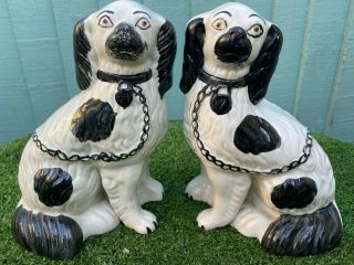 Pair 19thc Staffordshire Black & White Spaniel Dogs,  Separate Legs C1890s