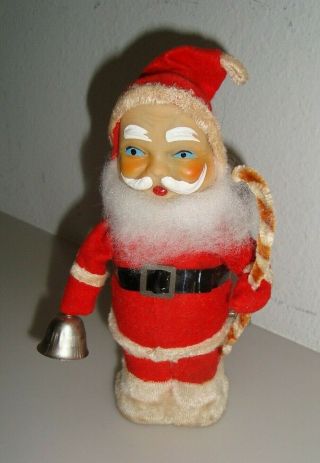 Vintage Mechanical Wind - Up 7 " Santa Claus With Candy Cane And Bell