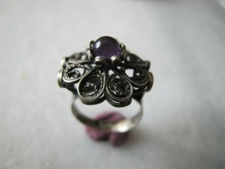 Antique Victorian Silver Filigree Ring With Amethyst Stone.