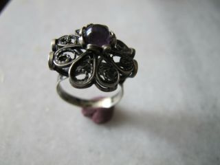 Antique Victorian Silver Filigree Ring With Amethyst Stone. 3