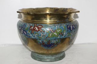 Large Antique Chinese Brass/enamel Cloisonne Planter/vase