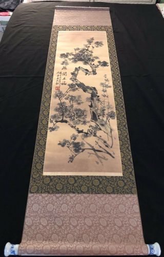 Vintage Lg Chinese Scroll Hand Painted Signed Cherry Blossoms Blue White Weights