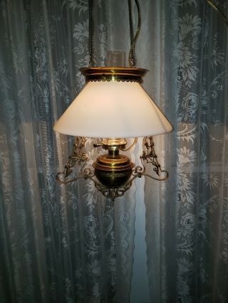 Antique Brass Hanging Parlor Oil/kerosene Lamp With Birds