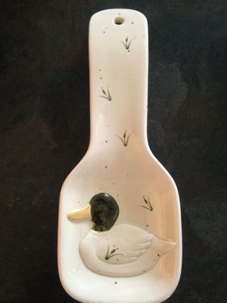 Vintage Otagiri Japan Mallard Duck 9 " Spoon Rest With Cattails Ivory,  Speckled