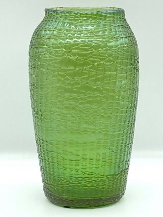 Antique Bohemian Art Glass Green Iridescent Threaded Cabinet Vase Pos.  Kralik