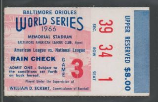 1966 World Series Ticket Stub Game 3 Baltimore Orioles 1 La Dodgers 0