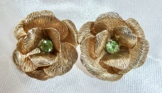 Vintage - Brushed Gold 3 - D Flowers W/spring - Green Rhinestone Clip - On Earrings