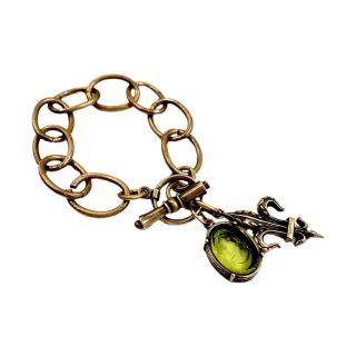 Antique Vintage Extasia Green Glass Intaglio Cameo Fleur De Lis Toggle Bracelet
