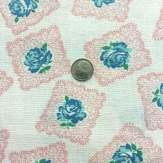 Vintage Partial Feed Sack Lovely Aqua Roses On Red & White Fancy Squares