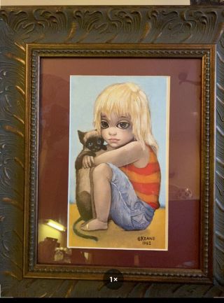 Margaret Walter Keane Big Eyes Vintage Framed Signed Print Little Ones Girl Cat