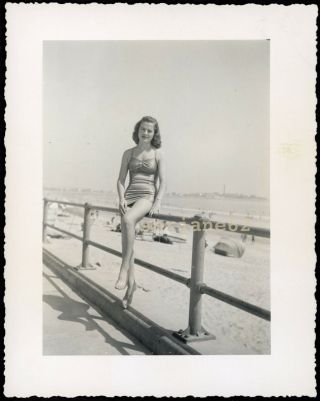 Barefoot Bathing Beauty Woman In Swimsuit At The Beach Vintage Photo