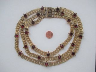 Antique Victorian Gilt Metal And Ruby Paste Book Chain Necklace.  Substantial.