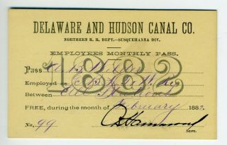 Delaware & Hudson Canal Co.  Railroad Pass - 1882