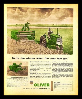 1949 Oliver Tractor Vintage Print Ad Farm Machinery Harvest Agriculture 1940s