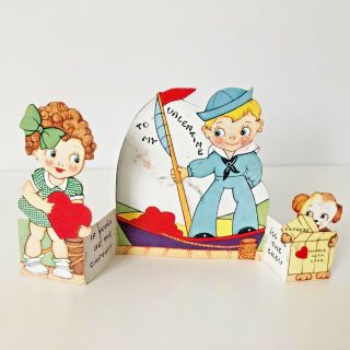 Vintage Expandable Sailor Boy W/ Girl And Puppy Valentine Day Card Fold Out