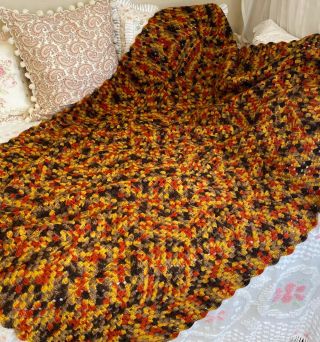 Vintage Hand Crocheted Afghan Throw Blanket Autumn Brown Rust Yellow 40 X 54