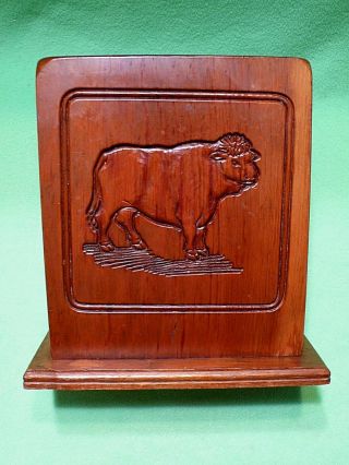 Vintage Heavy Wooden 6 Slot Knife Block With Carved Bull Steers On Two Sides.