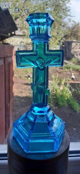 Candlestick Cross Orthodox Antique Old Vitriol Glass Russian 19th Century