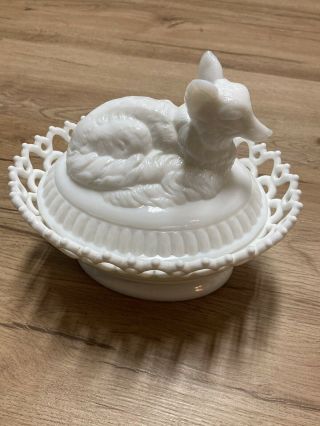 Antique Atterbury Design Milk Glass Fox On Nest Dish Patented Aug 6,  1889