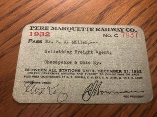 Vintage Pere Marquette Railway Pass 1932,  Lake Erie And Detroit River,  Ohio