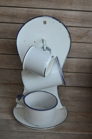 Vintage Antique White Enamelware Wall Mount Soap Dish With Cups & Holder Shaving